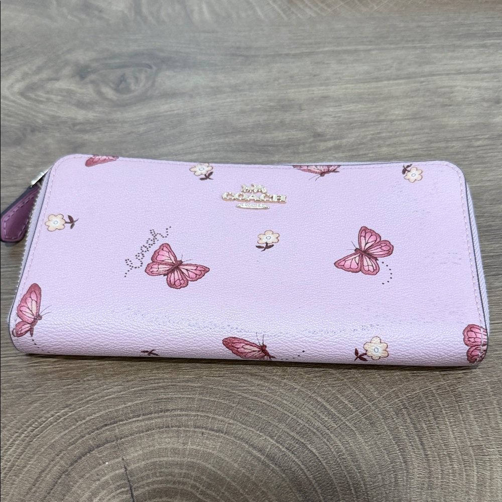 Coach Pink Butterfly Zip Wallet with Gold Logo Accents